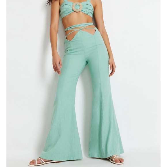 LINEN TIE WAIST PANTS - limestone
